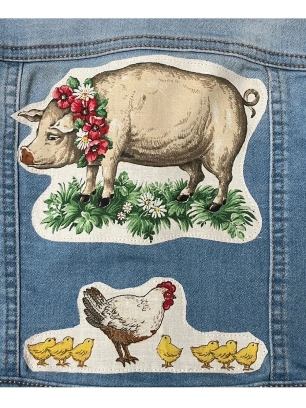 Upcycled Stretch Denim Kids Jacket Farm Animal Appliqué Western